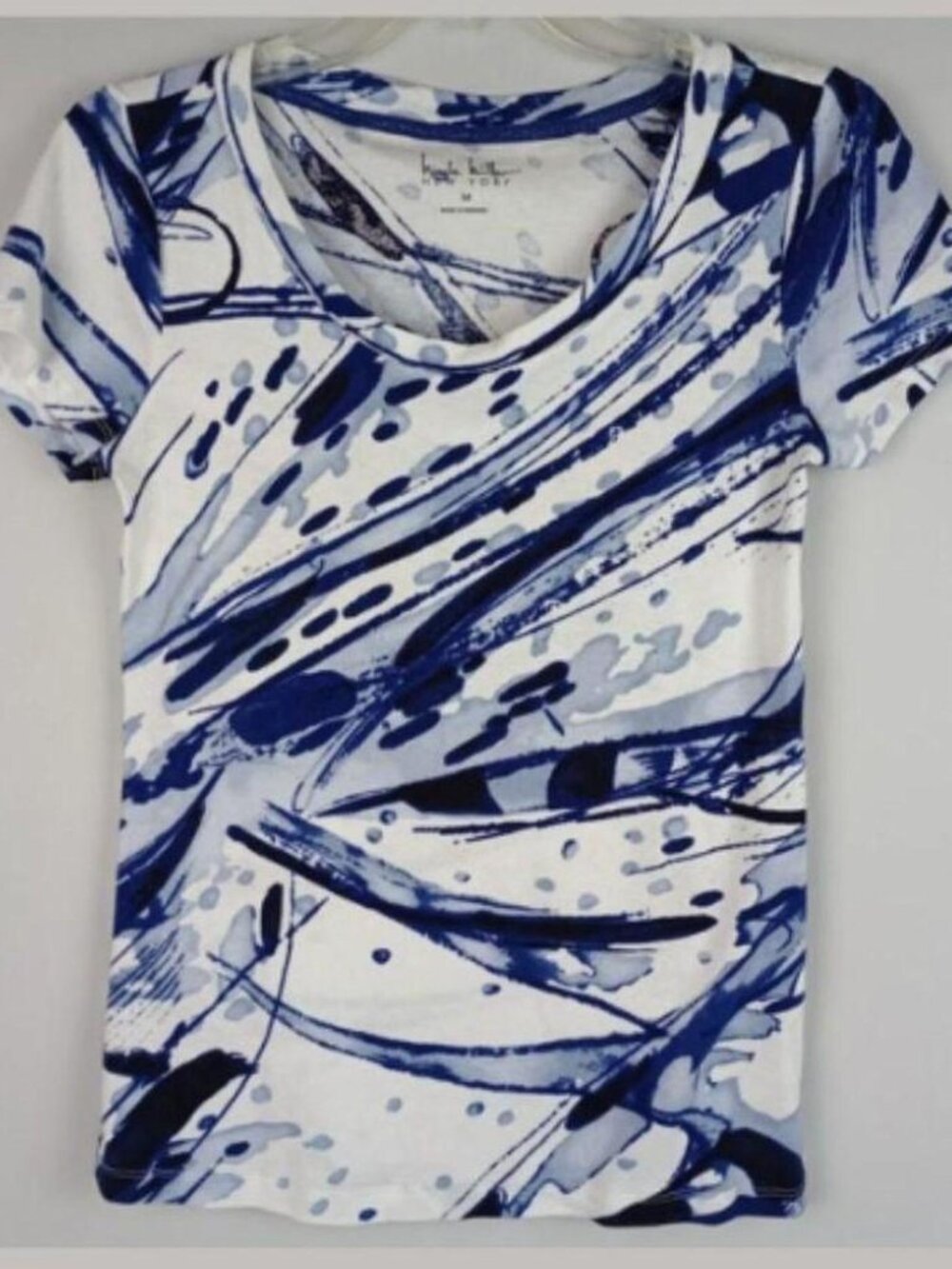 Nicole Miller Ney York Womens M White Blue Black Marble Basic Blouse Tshirt